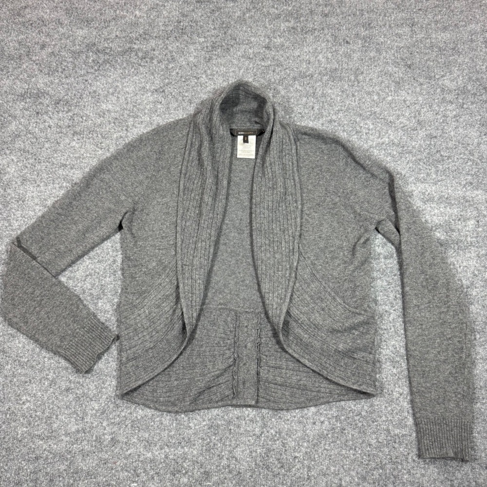 BCBGMAXAZRIA Cardigan Shawl Collar Open Front Womens L Grey Cashmere Wool EUC